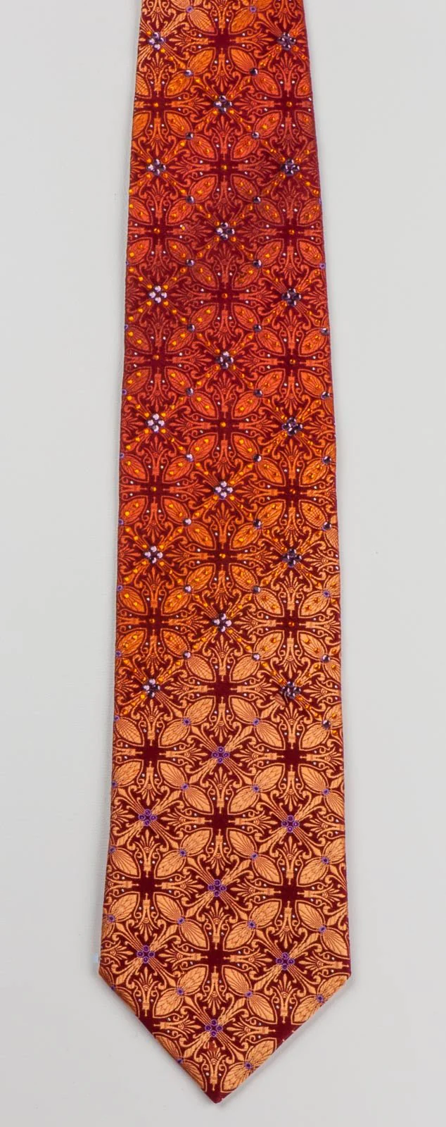 Elle Homme Men's Silk Rhinestone Necktie Orange Fleur De Lis Motif On Burgundy With Sparkles - Image 6