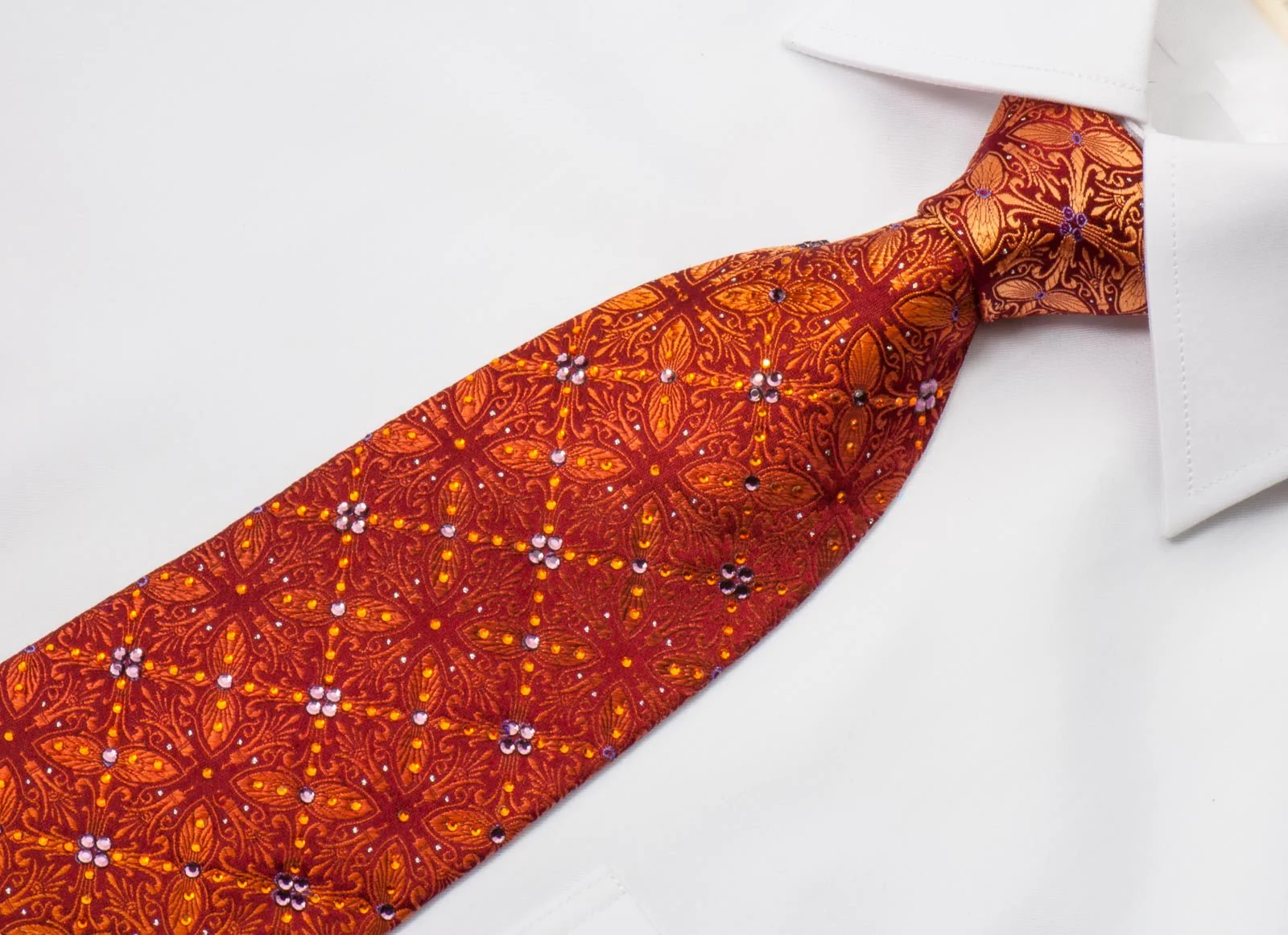 Elle Homme Men's Silk Rhinestone Necktie Orange Fleur De Lis Motif On Burgundy With Sparkles - Image 9