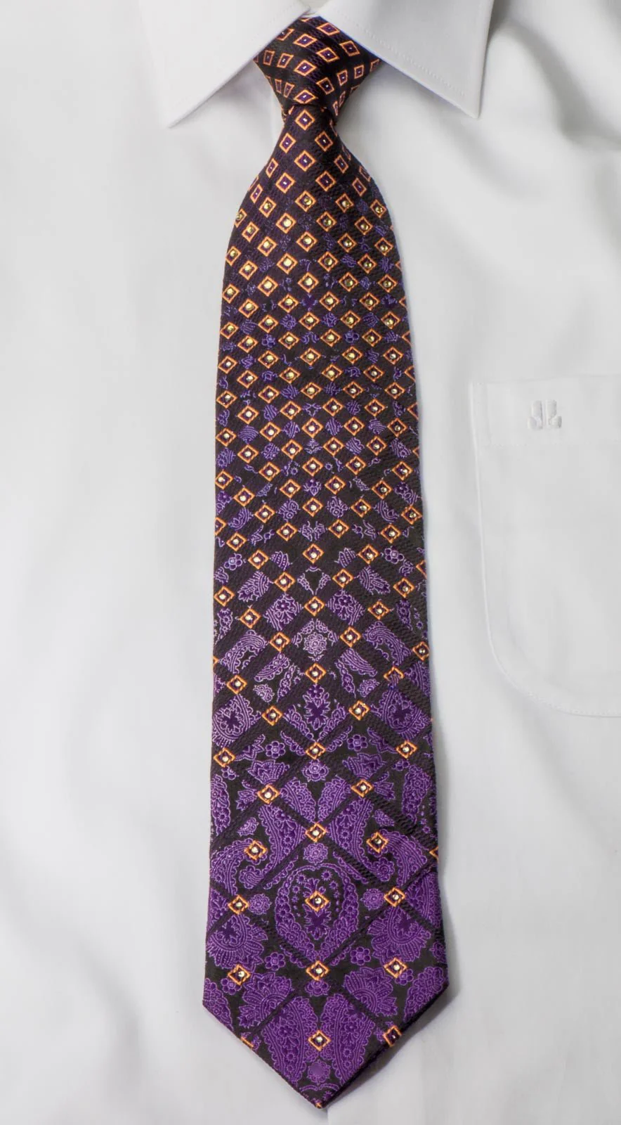 Elle Homme Men's Silk Rhinestone Tie Damask & Geometric On Purple Necktie - Image 8