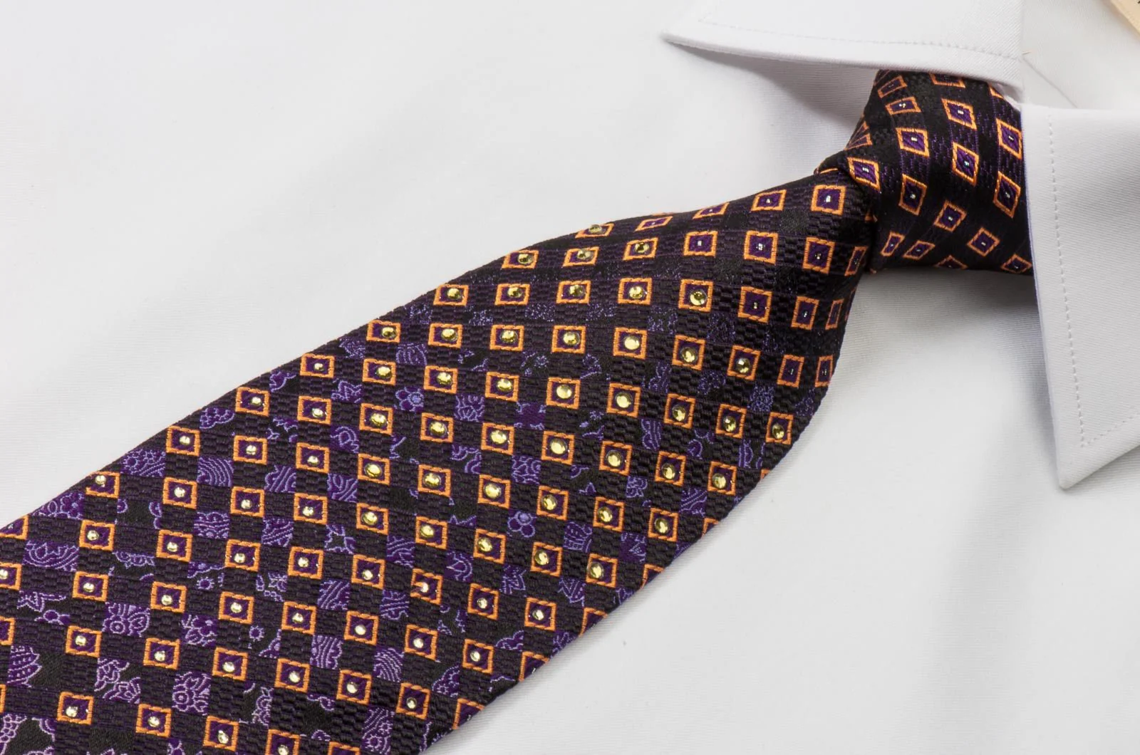 Elle Homme Men's Silk Rhinestone Tie Damask & Geometric On Purple Necktie - Image 9