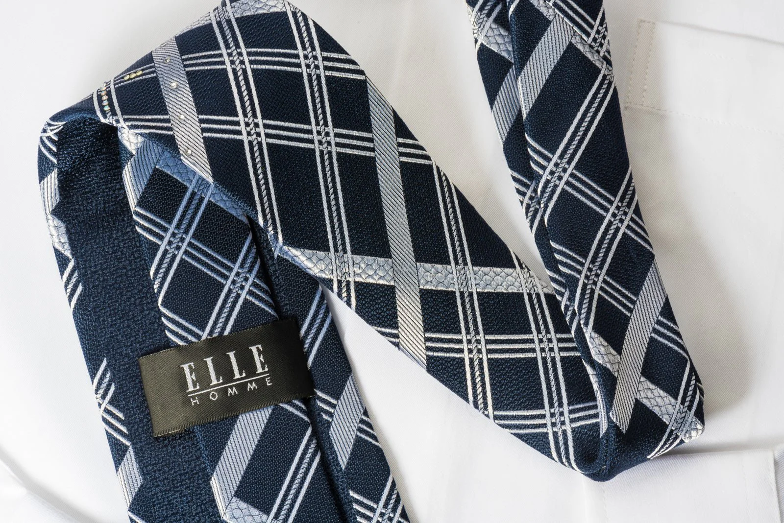 Elle Homme Mens Silk Rhinestone Necktie Silver Striped On Black - Image 5