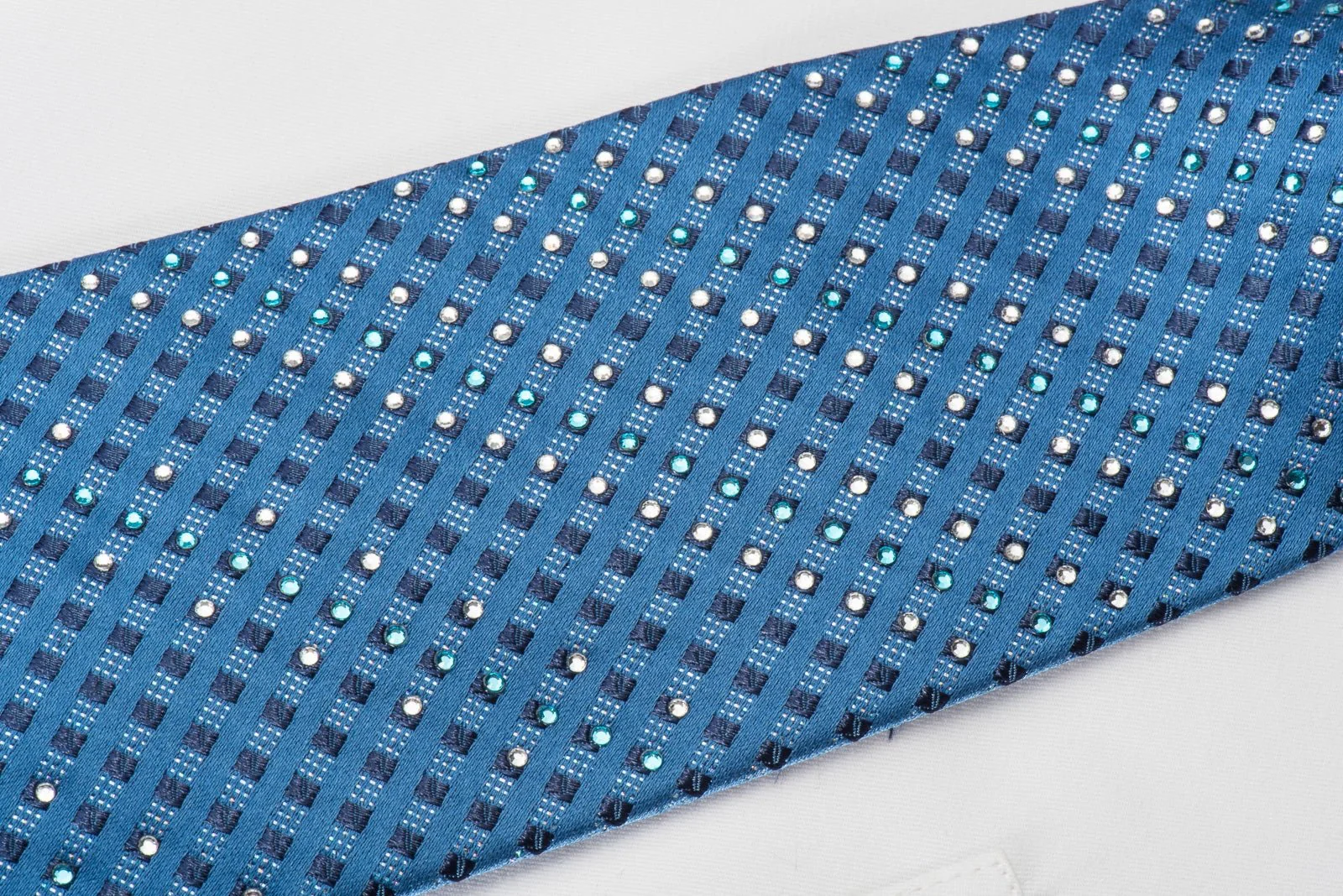 Elle Homme Rhinestone Necktie Checkered On Blue With Silver Sparkles - Image 6