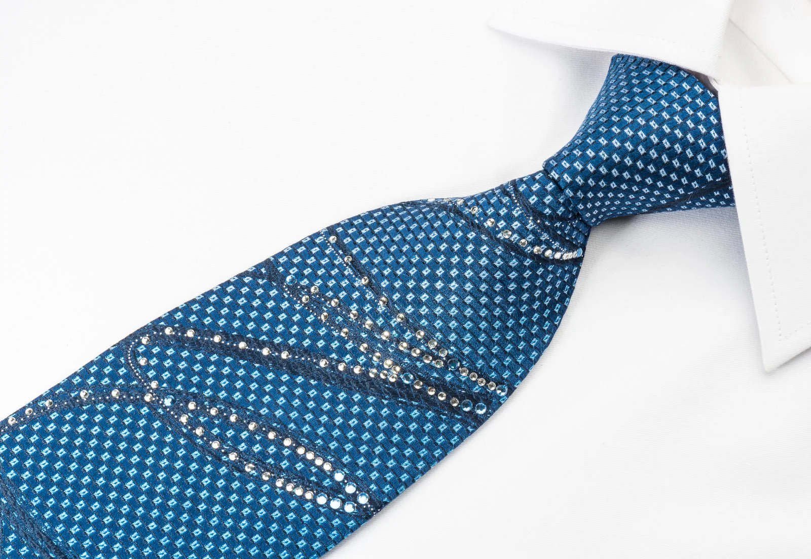 Elle Homme Rhinestone Necktie Scrolls On Blue With Silver Sparkles - Image 4