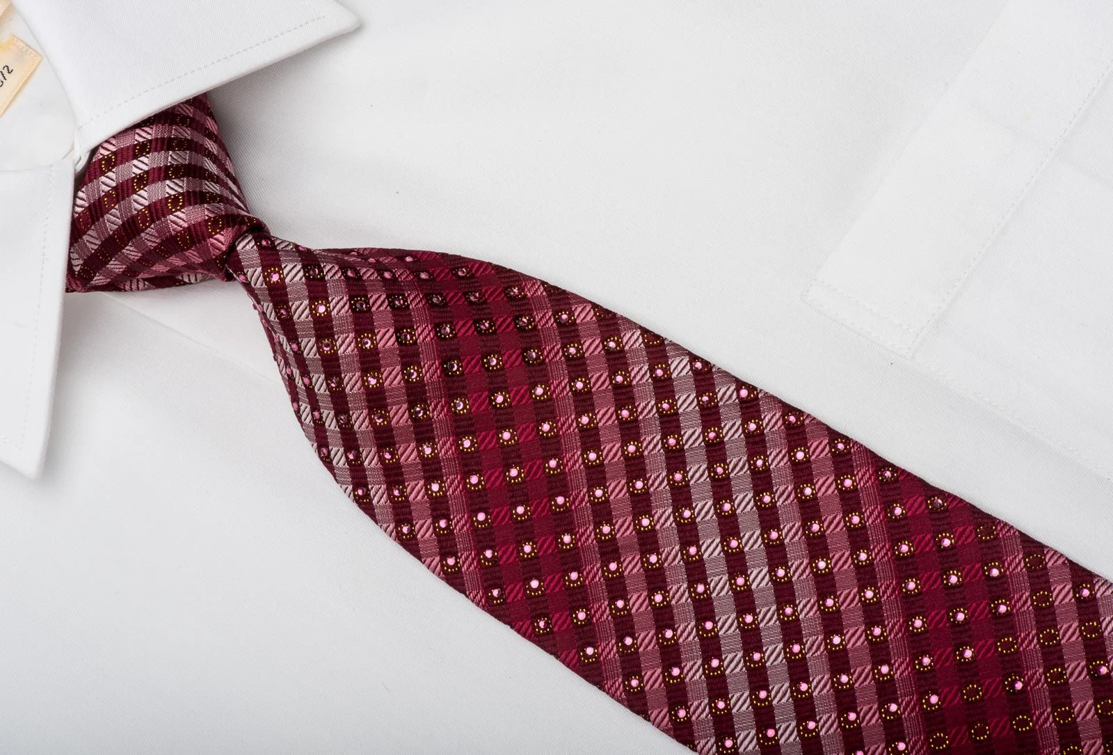 Elle Homme Rhinestone Silk Necktie Checker On Burgundy With Sparkles - Image 2