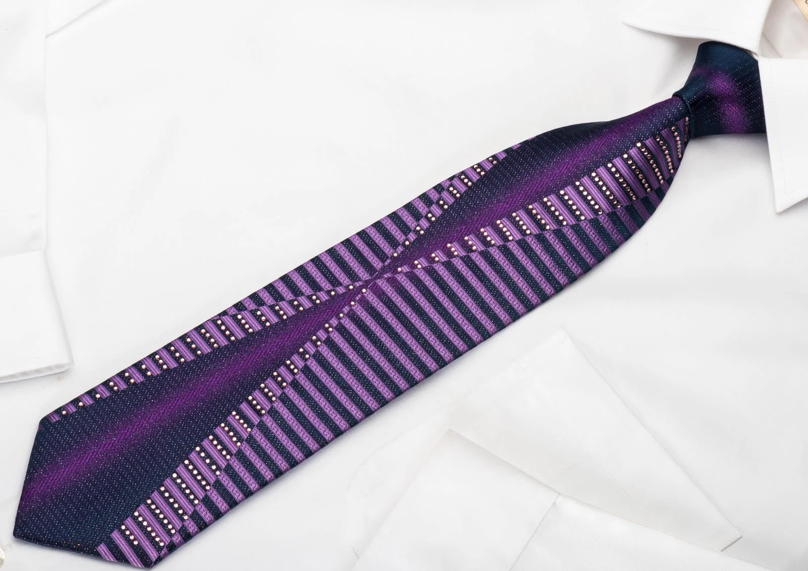 Elle Homme Rhinestone Silk Necktie Geometric Stripes On Purple With Silver Sparkles - Image 5