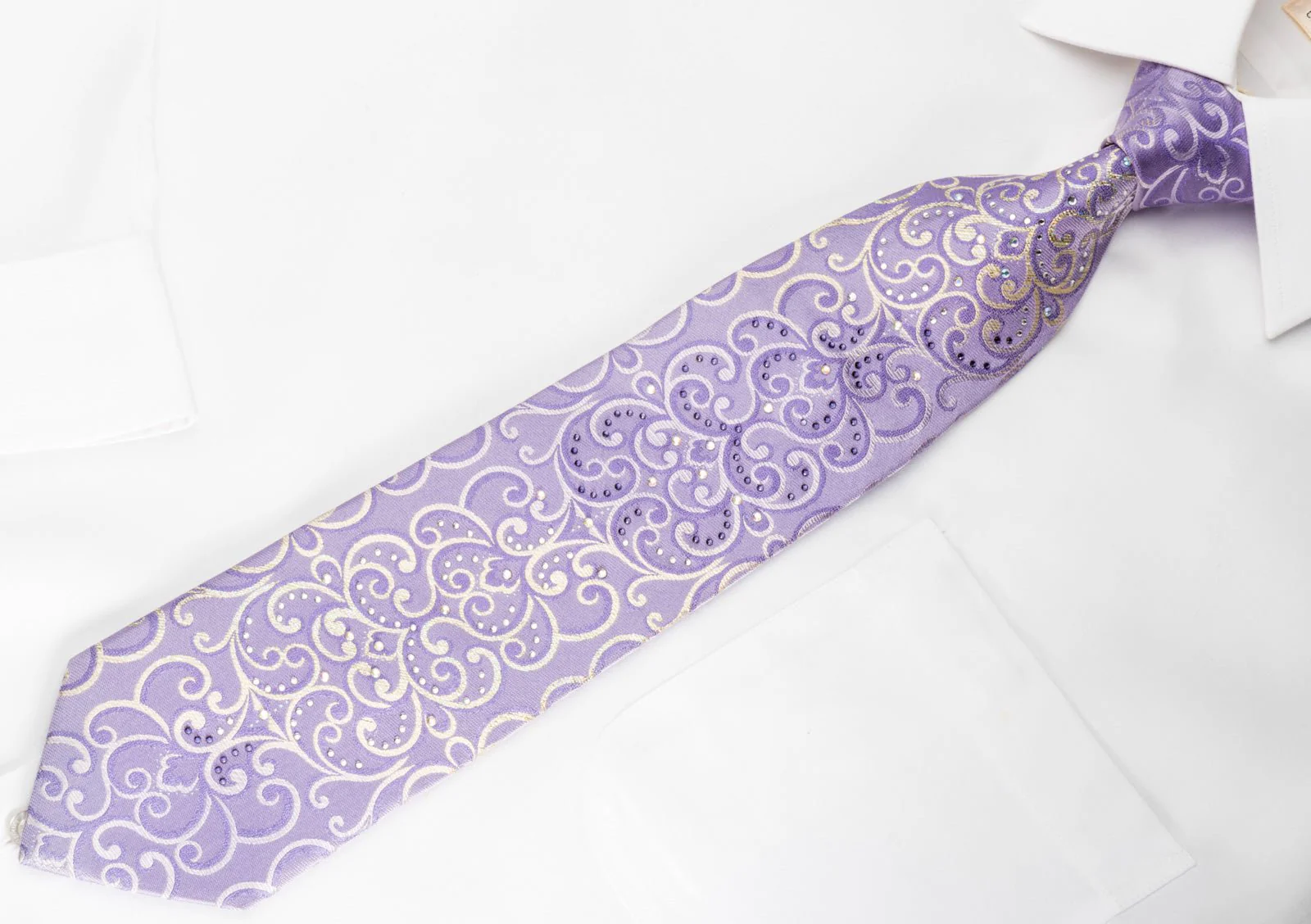 Elle Homme Rhinestone Silk Necktie Silver Damask On Purple With Silver Sparkles - Image 6