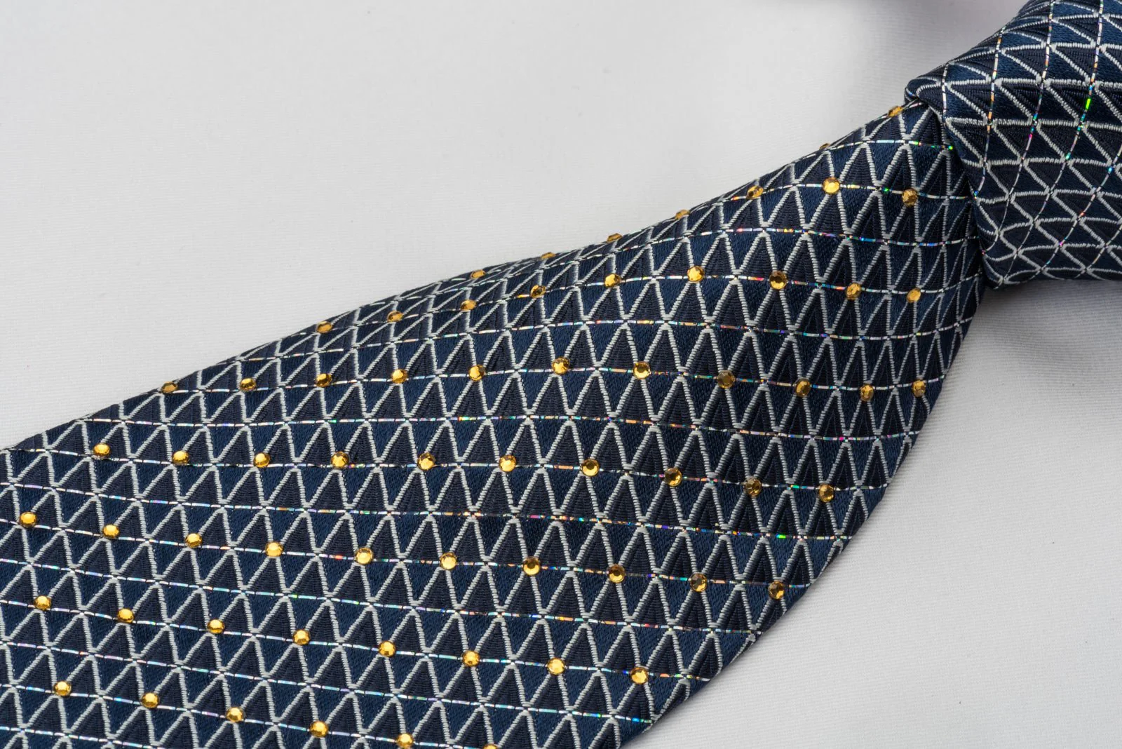 Elle Homme Rhinestone Silk Necktie Silver Trellis On Blue With Silver Sparkles - Image 2