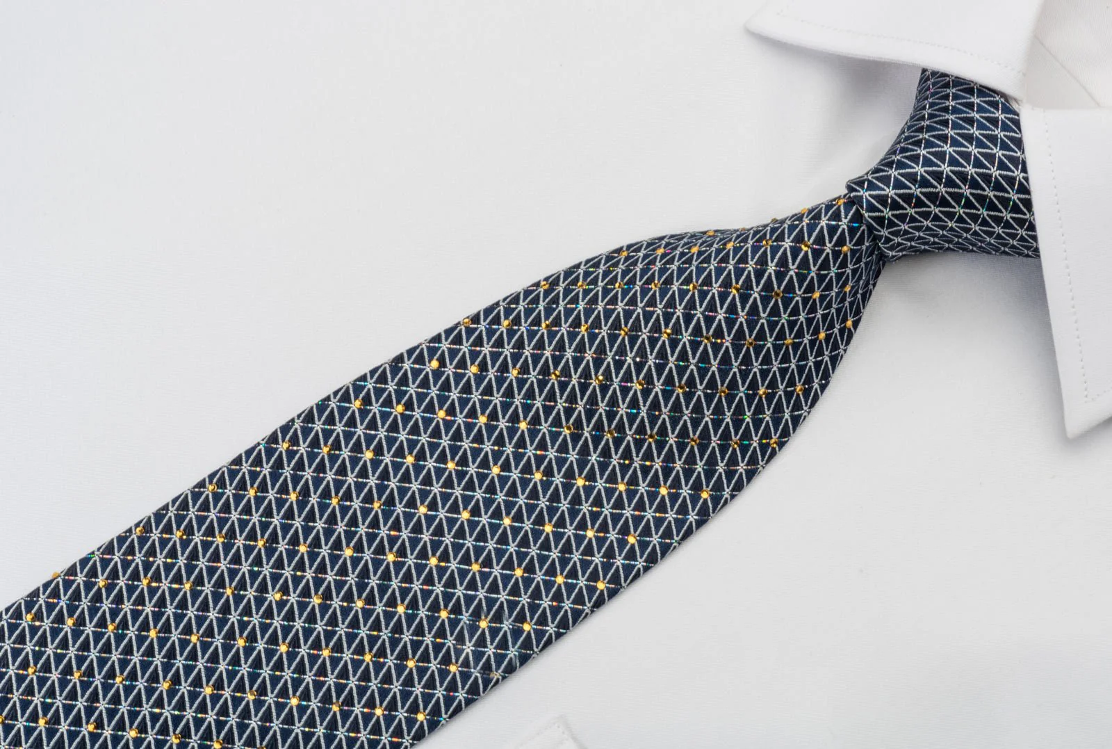 Elle Homme Rhinestone Silk Necktie Silver Trellis On Blue With Silver Sparkles - Image 4