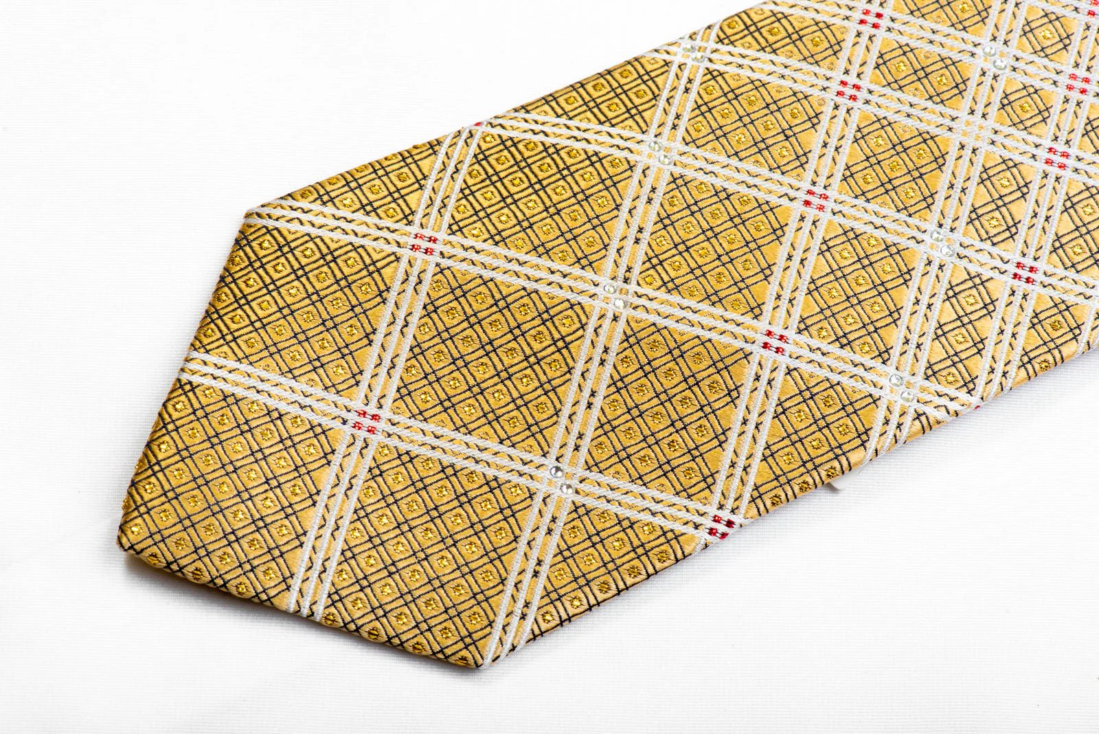 Elle Homme Rhinestone Silk Necktie Silver Trellis On Gold With Sparkles - Image 4