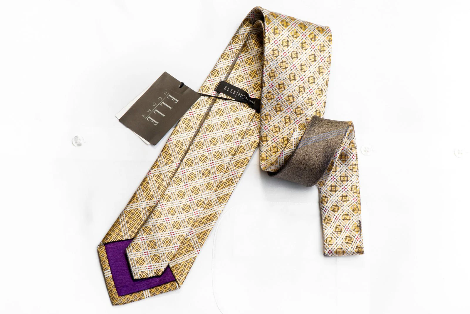 Elle Homme Rhinestone Silk Necktie Silver Trellis On Gold With Sparkles - Image 5
