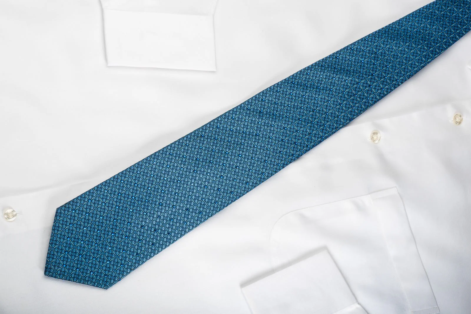 Elle Homme Rhinestone Silk Necktie Trellis & Dots On Blue With Sparkles - Image 5