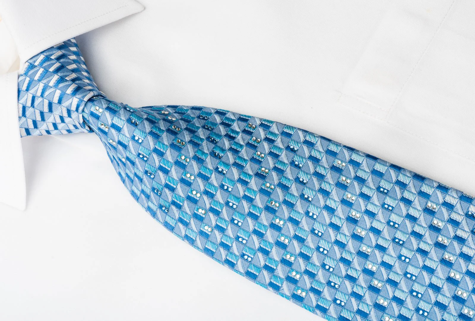 Elle Homme Rhinestone Woven Silk Necktie Geometric On Blue With Silver Sparkles - Image 3