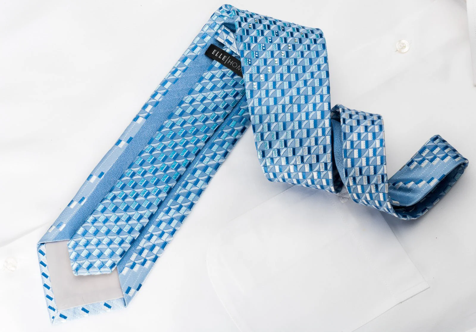 Elle Homme Rhinestone Woven Silk Necktie Geometric On Blue With Silver Sparkles - Image 4