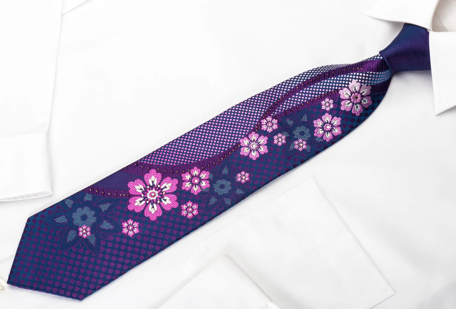 Elle Homme Silk Rhinestone Necktie Floral Dots On Blue With Silver Sparkles - Image 2