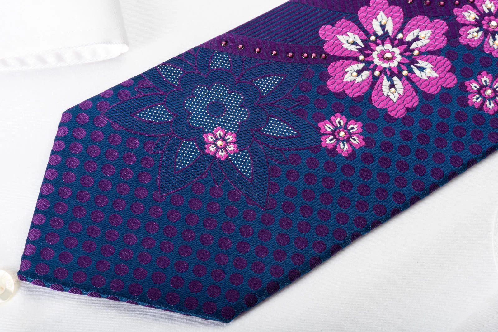 Elle Homme Silk Rhinestone Necktie Floral Dots On Blue With Silver Sparkles - Image 3