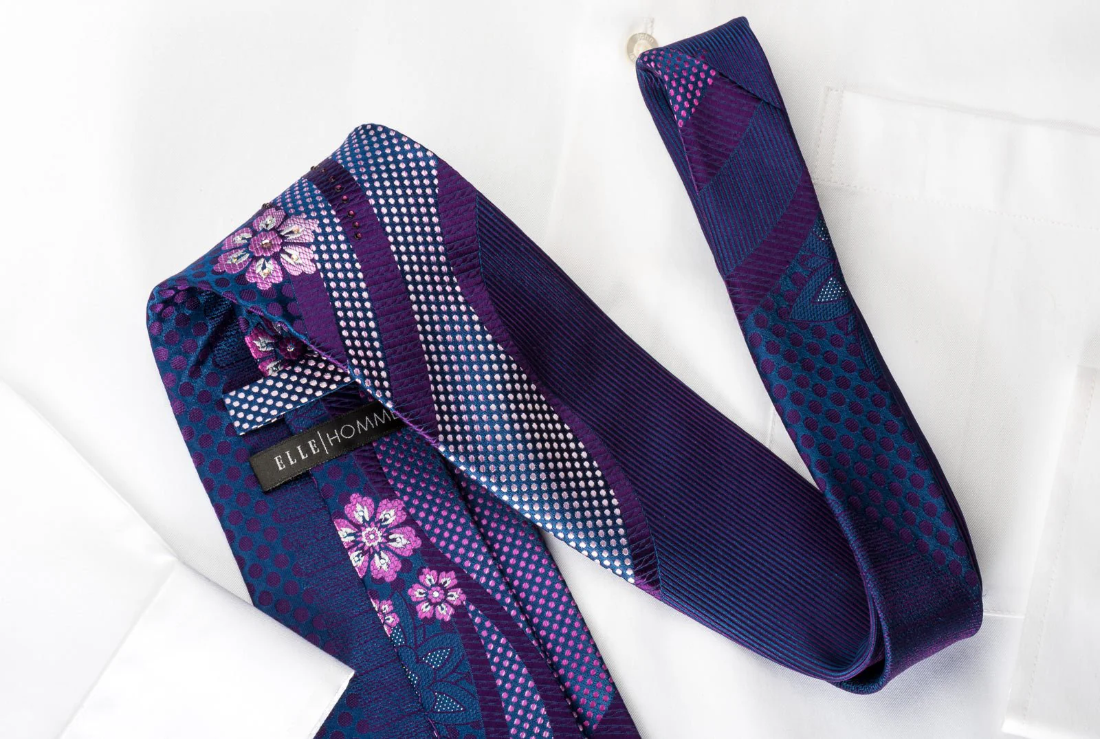 Elle Homme Silk Rhinestone Necktie Floral Dots On Blue With Silver Sparkles - Image 6
