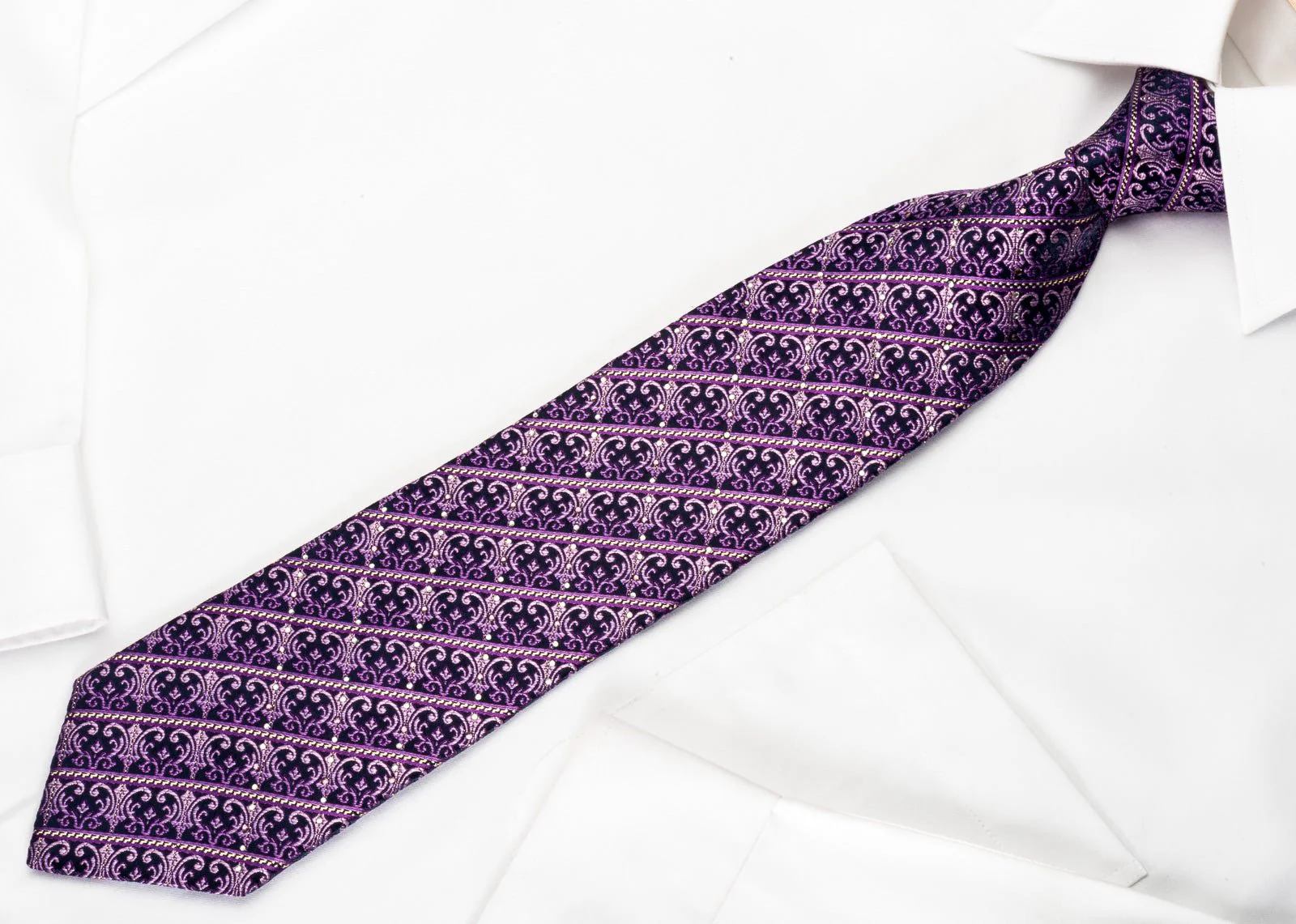 Elle Homme Silk Rhinestone Necktie Purple Striped Flur de Lis Motif With Silver Sparkles - Image 4