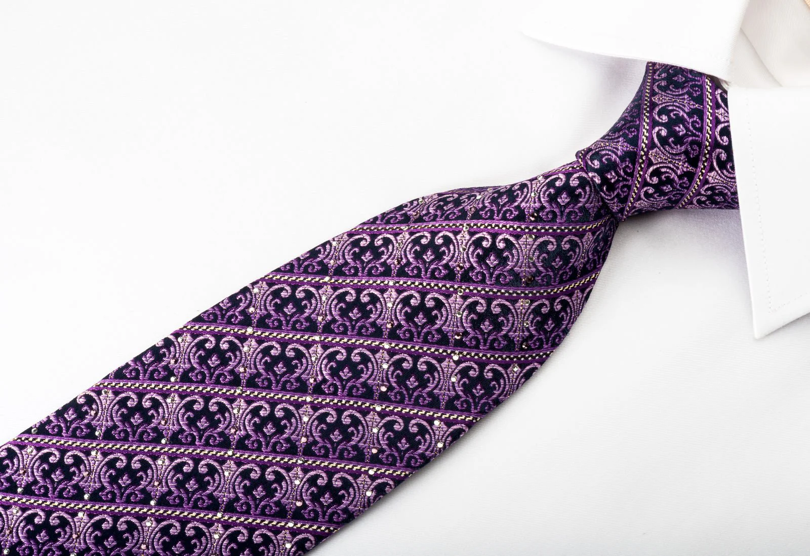Elle Homme Silk Rhinestone Necktie Purple Striped Flur de Lis Motif With Silver Sparkles - Image 5