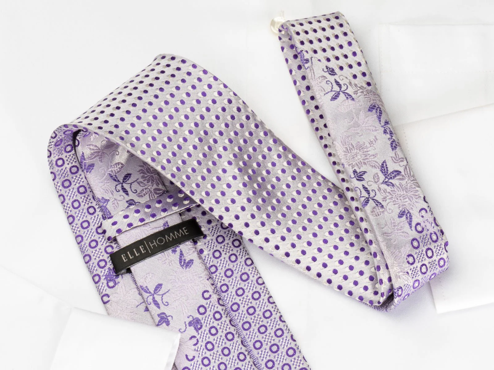 Elle Homme Silk Tie Purple Floral & Geometric On Mauve With Rhinestones - Image 8
