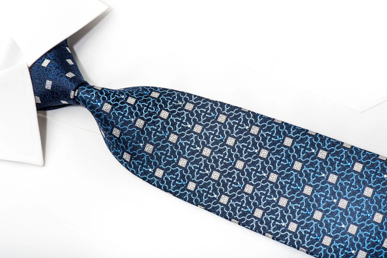 Emprise Mens Silk Necktie Geometric On Blue Sparkling With Rhinestones - Image 3