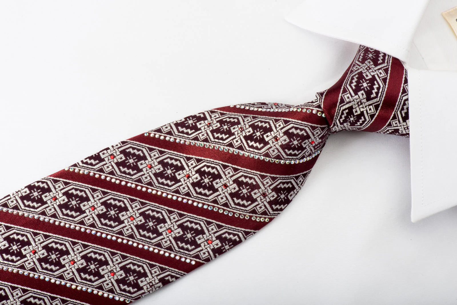 Emprise Silk Necktie Striped Rhinestones On Burgundy - Image 4