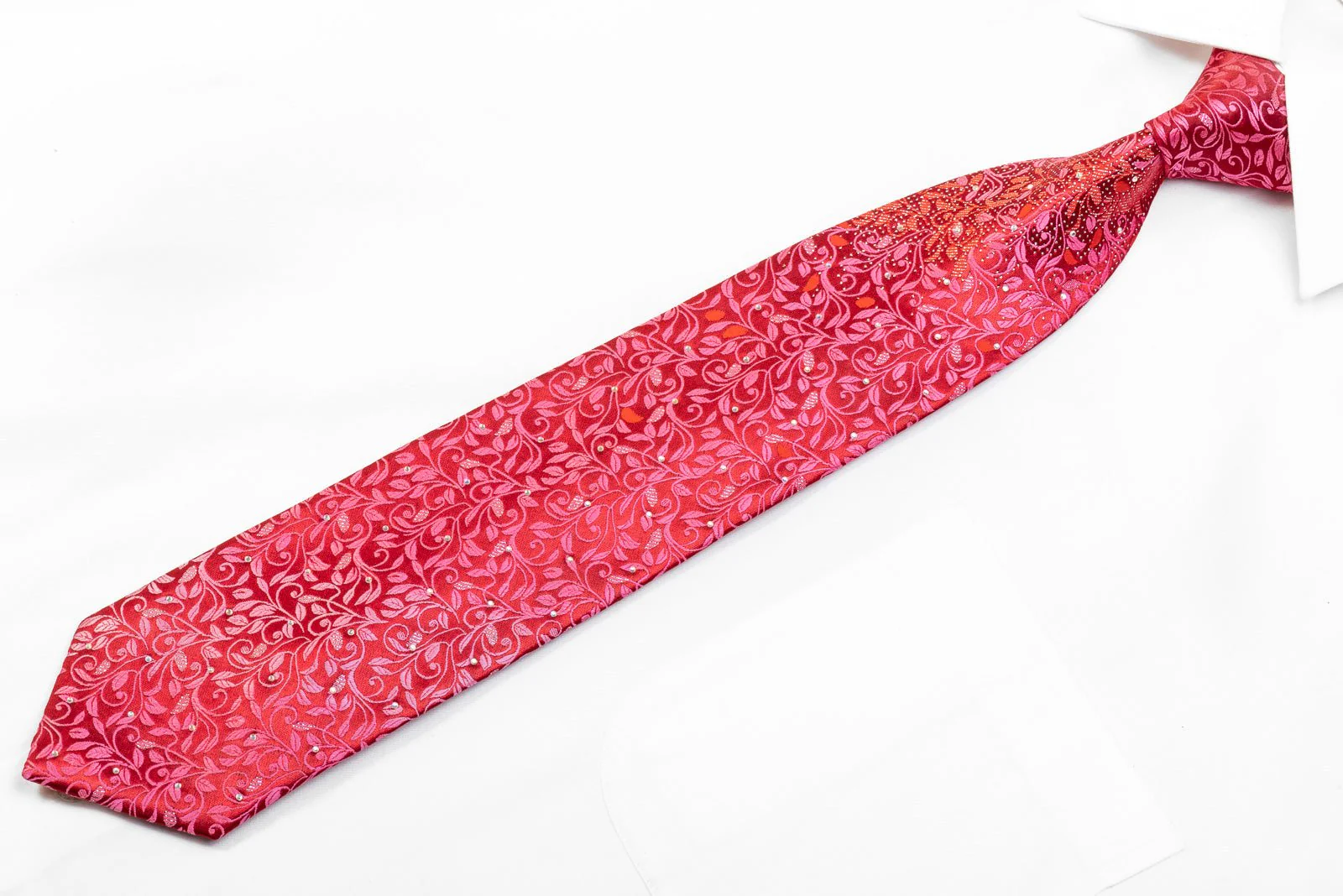 Fashion Top Men's Rhinestone Tie Floral On Red With Silver Sparkles - Image 3
