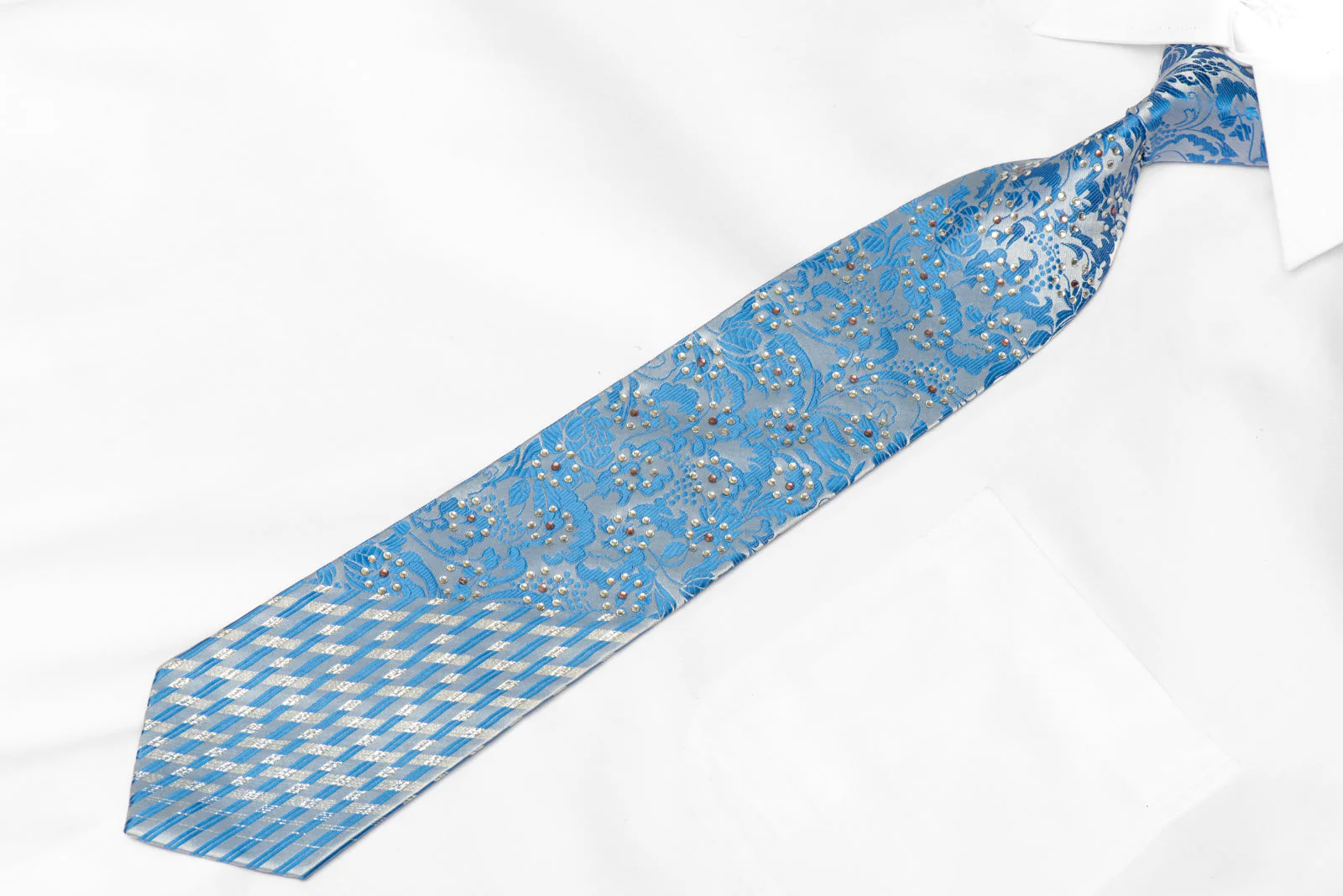Floral On Blue Rhinestone Microfiber Necktie With Silver Sparkles - Image 2