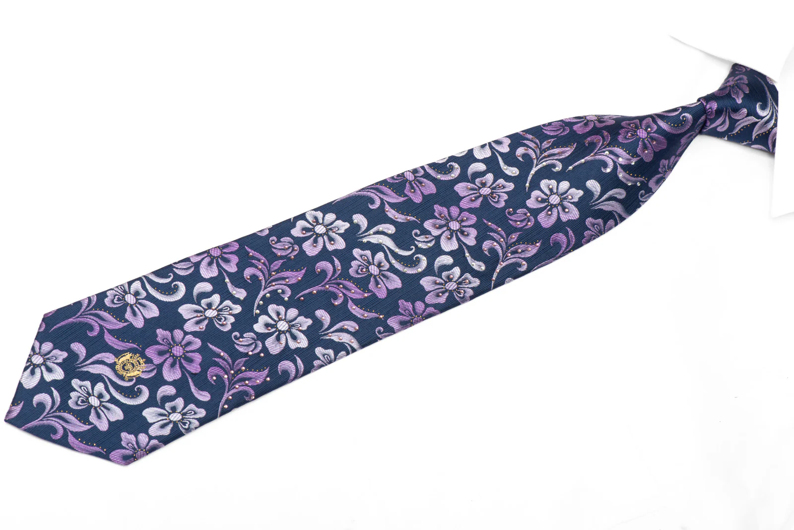 Floral On Blue Rhinestone Silk Necktie With Gold Sparkles - Image 2