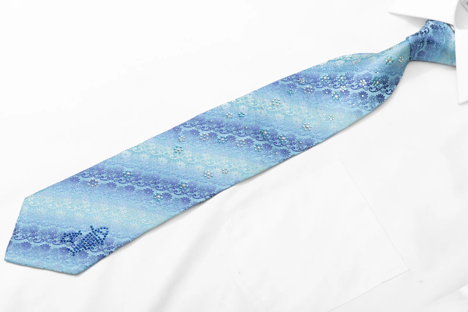 Floral On Blue Rhinestone Silk Necktie With Silver Sparkles - Image 3