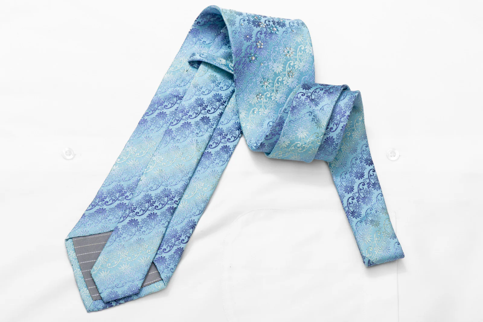 Floral On Blue Rhinestone Silk Necktie With Silver Sparkles - Image 4