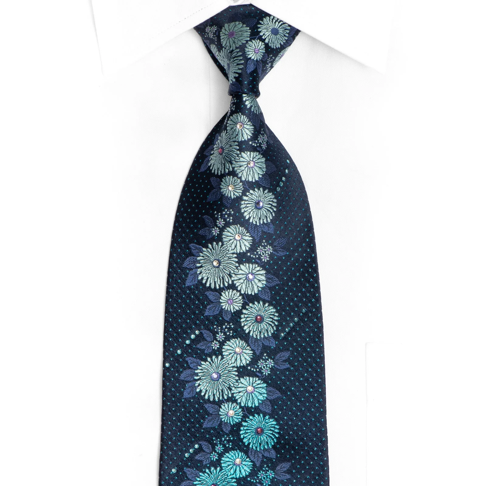Floral On Blue Rhinestone Silk Tie With Blue Sparkles