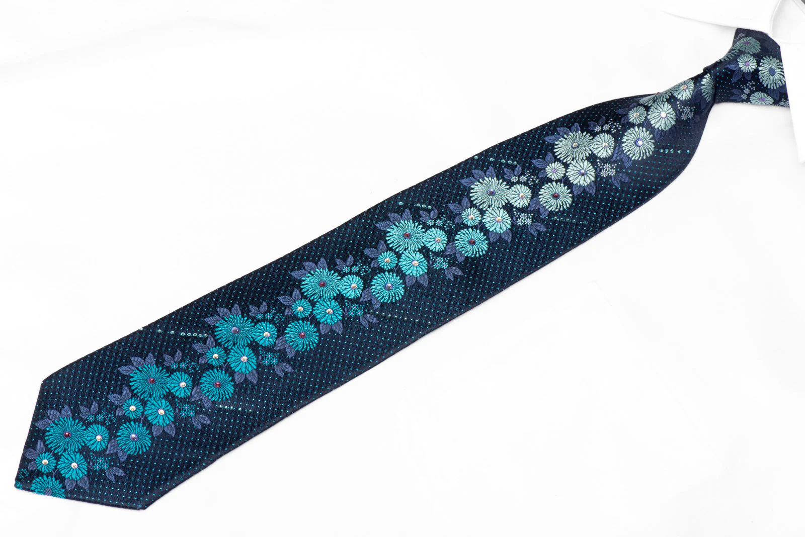 Floral On Blue Rhinestone Silk Tie With Blue Sparkles - Image 2