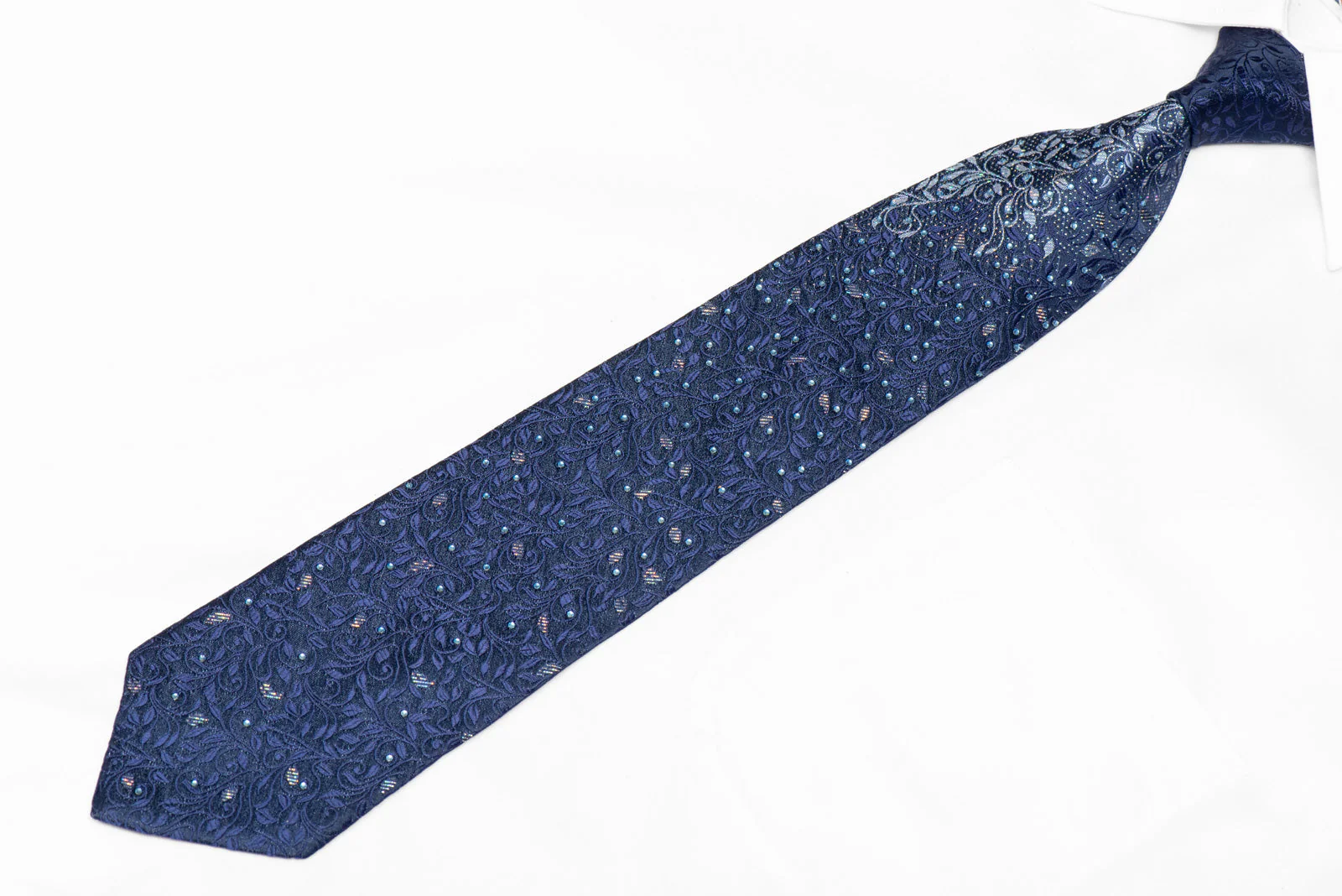 Floral On Blue Rhinestone Silk Tie With Silver Sparkles - Image 2