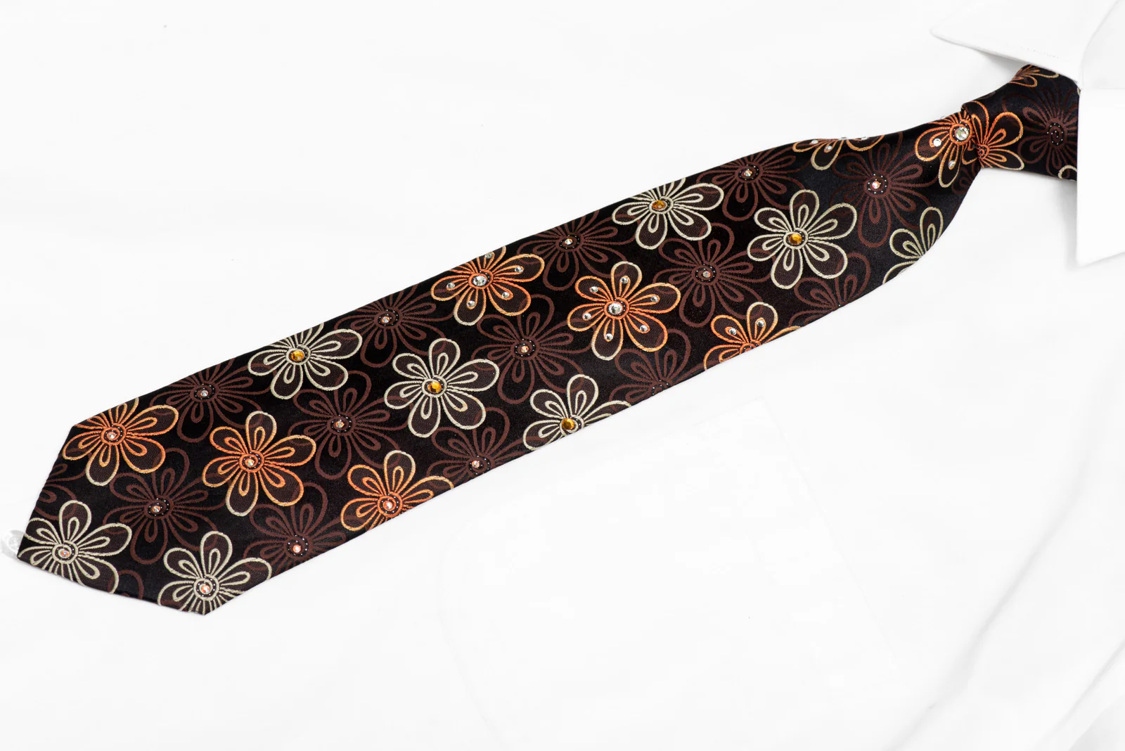 Floral On Dark Brown Rhinestone Silk Necktie With Silver Sparkles - Image 3