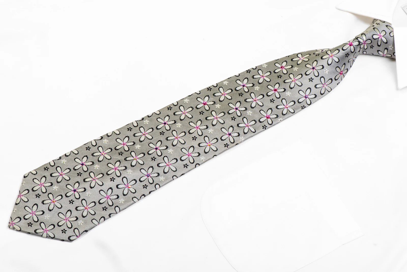 Floral On Silver Rhinestone Silk Necktie - Image 3