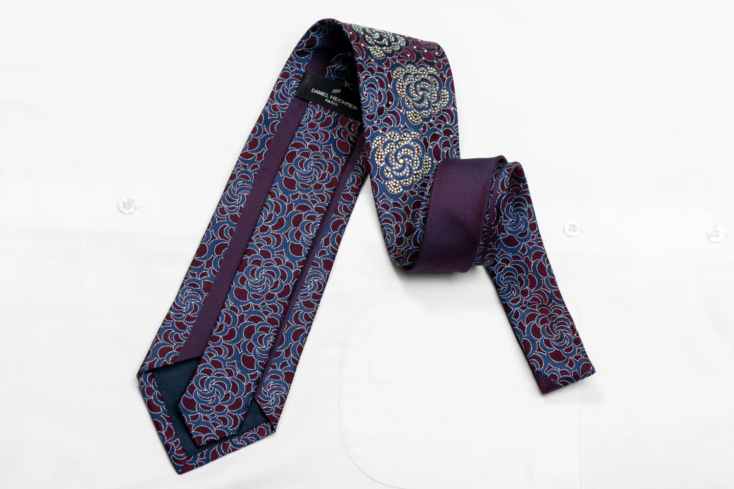 Floral Rhinestones On Burgundy Blue Silk Necktie With Silver Sparkles - Image 4