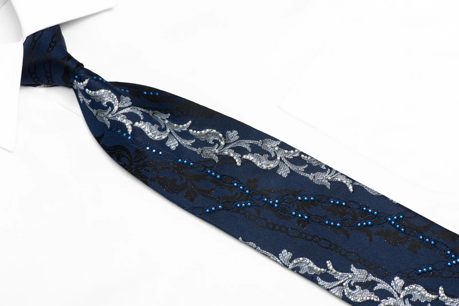 Silver Black Acanthus On Dark Blue Rhinestone Necktie With Silver Sparkles - Image 2