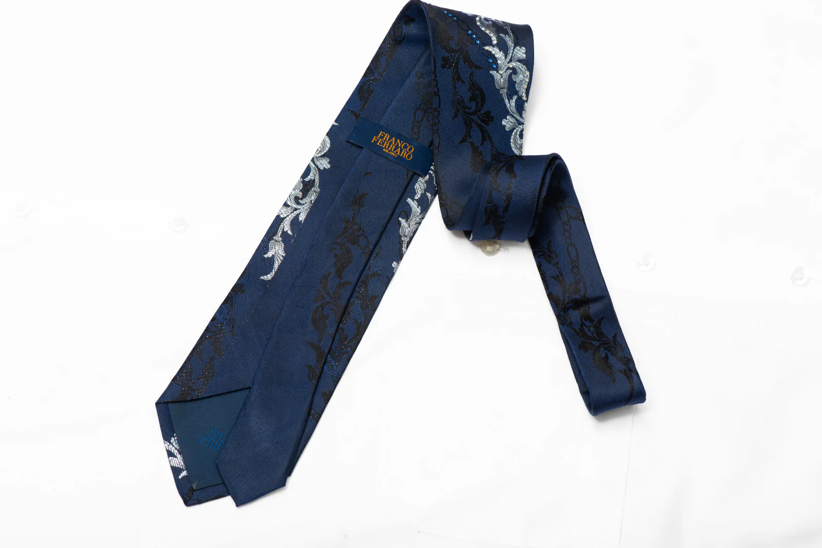 Silver Black Acanthus On Dark Blue Rhinestone Necktie With Silver Sparkles - Image 4