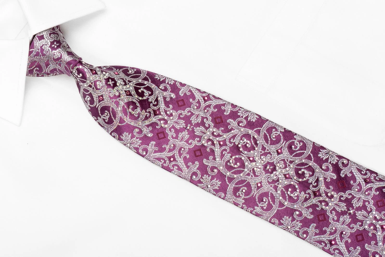 Franco Ferraro Men's Crystal Silk Tie Silver Damask On Purple With Silver Sparkles - Image 4