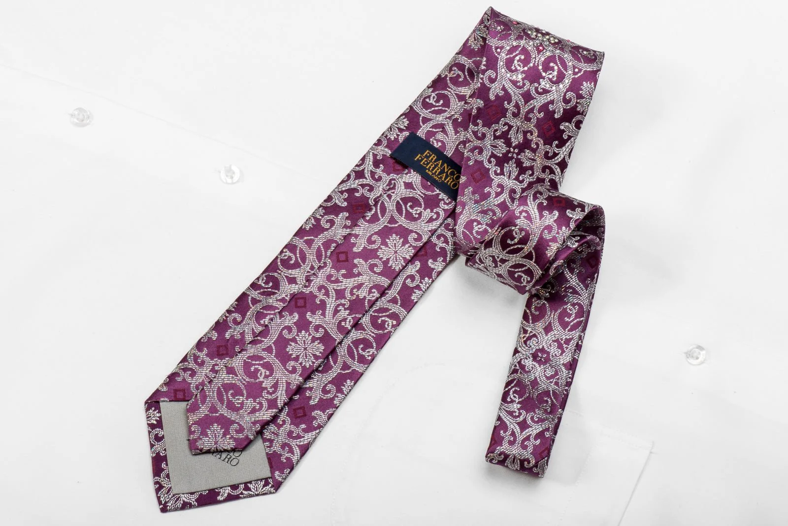Franco Ferraro Men's Crystal Silk Tie Silver Damask On Purple With Silver Sparkles - Image 5
