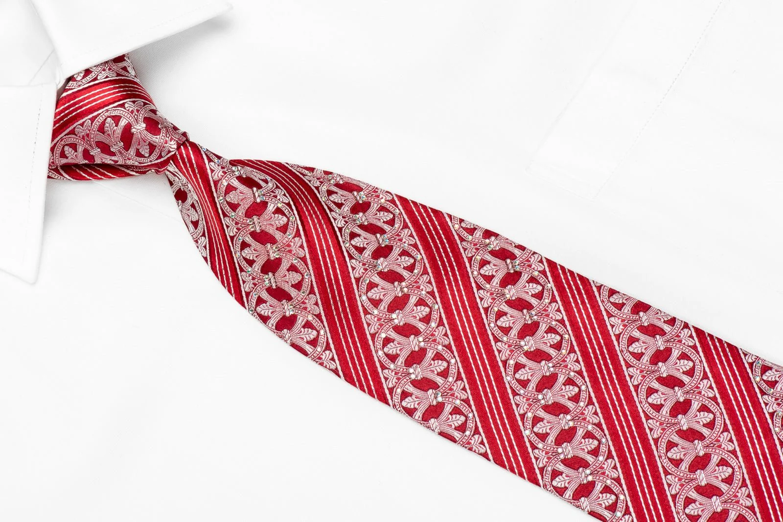Franco Ferraro Men's Crystal Silk Tie Silver Striped Cartouche On Red With Silver Sparkles - Image 3