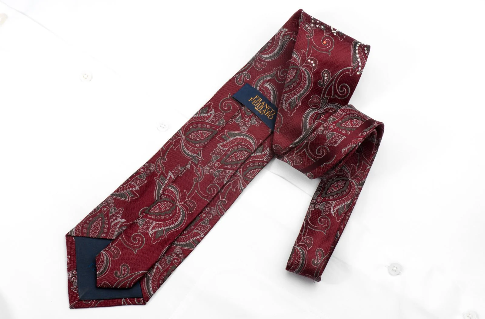 Franco Ferraro Men's Silk Necktie Anthemion On Burgundy Sparkling With Rhinestones - Image 5