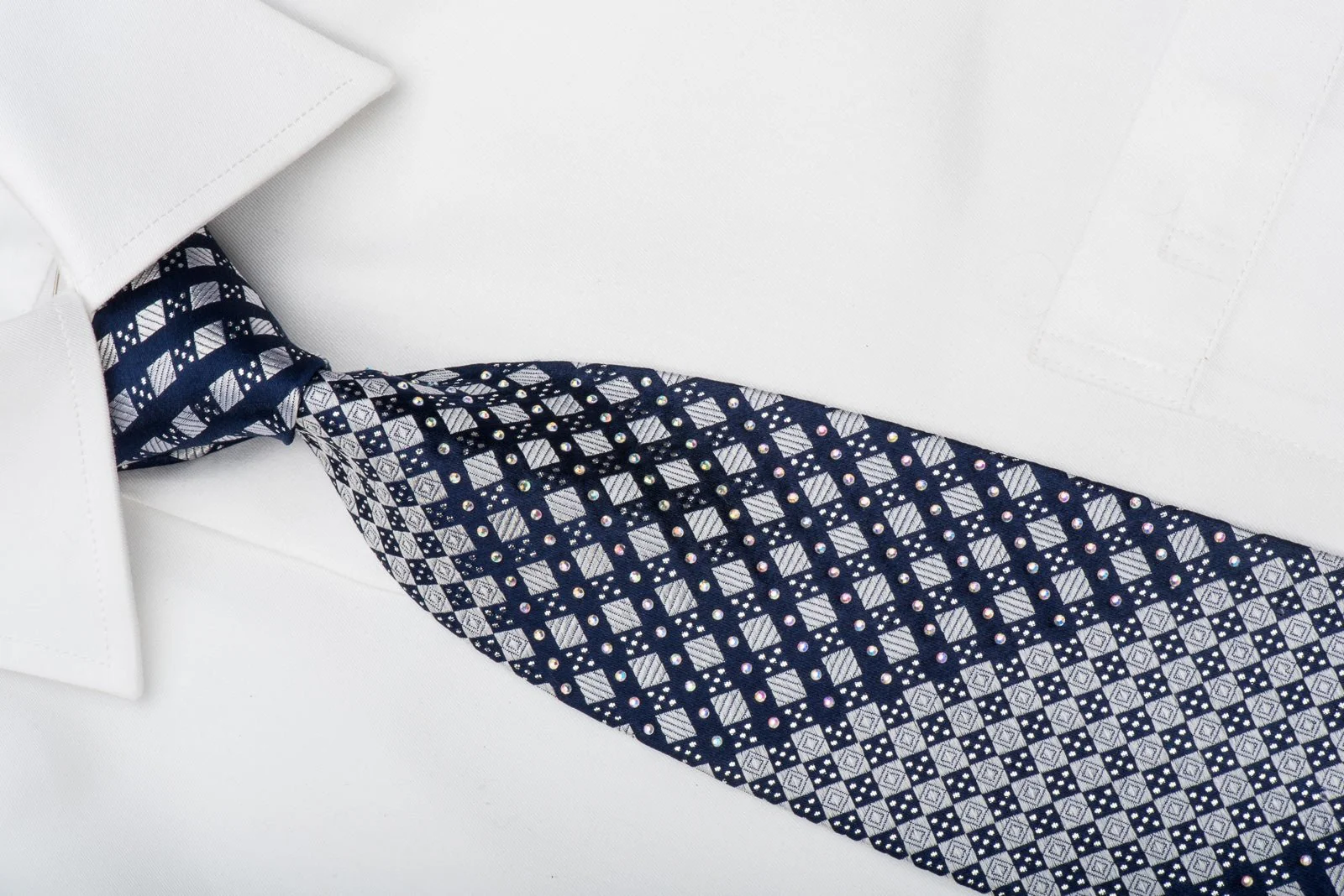 Franco Ferraro Rhinestone Silk Necktie Silver Blue Checkered With Sparkles - Image 3