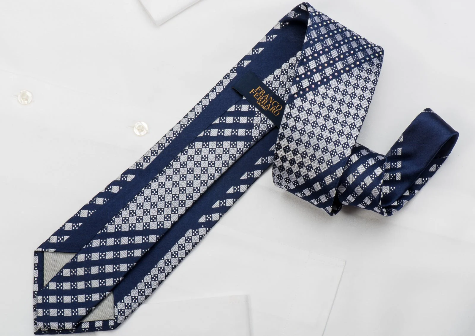 Franco Ferraro Rhinestone Silk Necktie Silver Blue Checkered With Sparkles - Image 5