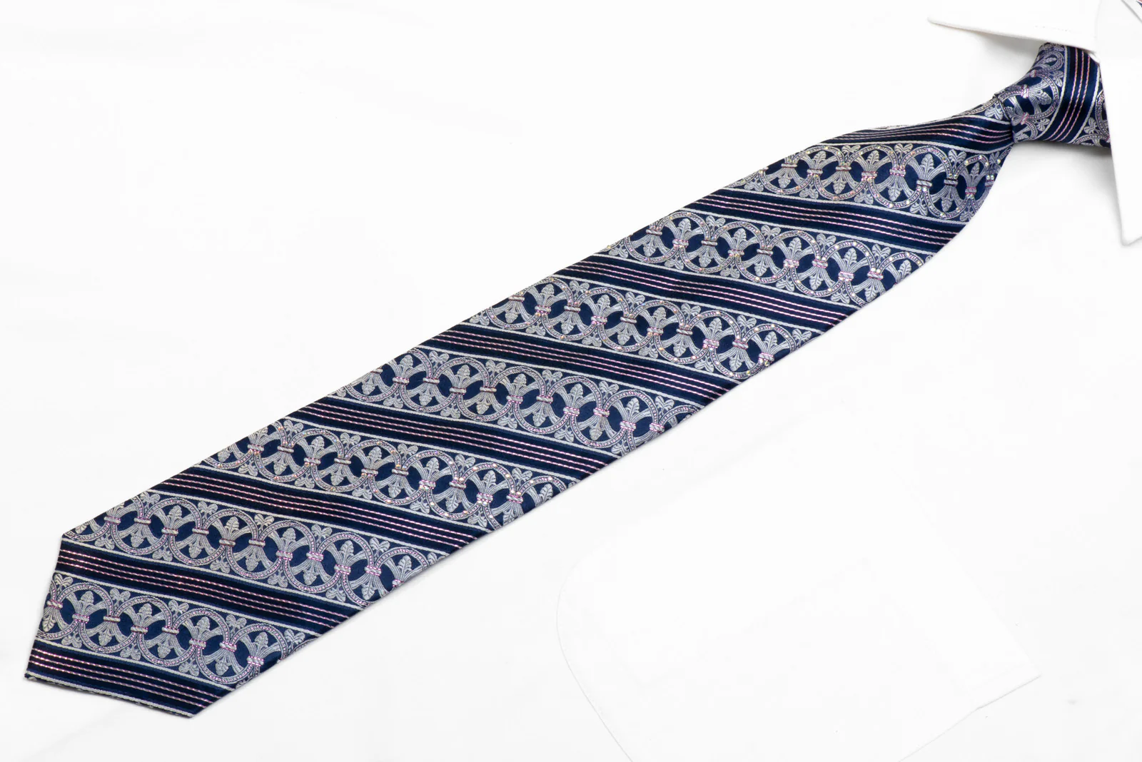 Franco Ferraro Rhinestone Silk Necktie Silver Cartouche Striped On Blue With Sparkles - Image 3