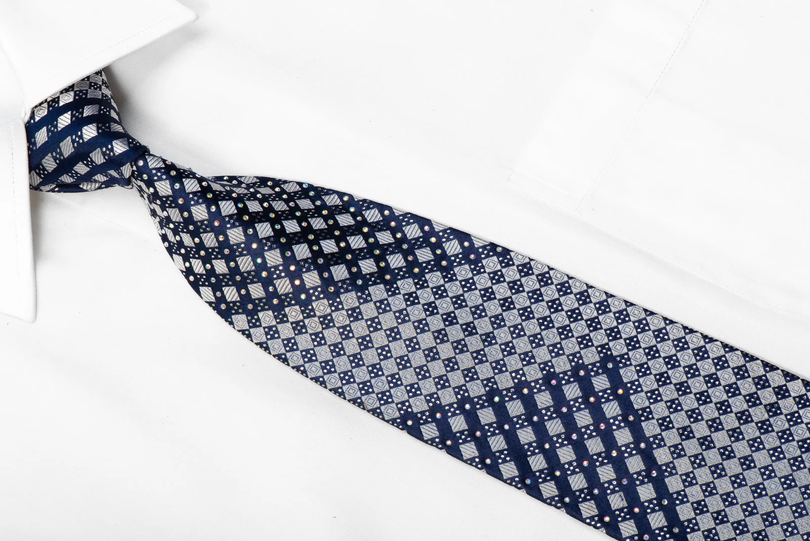 Franco Ferraro Rhinestone Silk Necktie Silver Navy Checkered With Sparkles - Image 2