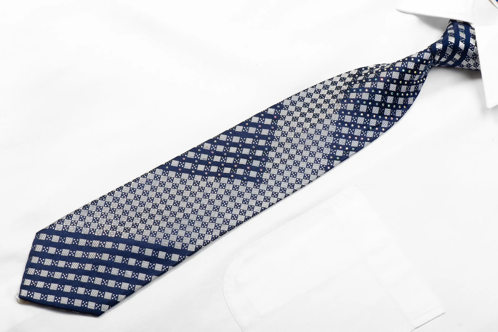 Franco Ferraro Rhinestone Silk Necktie Silver Navy Checkered With Sparkles - Image 3