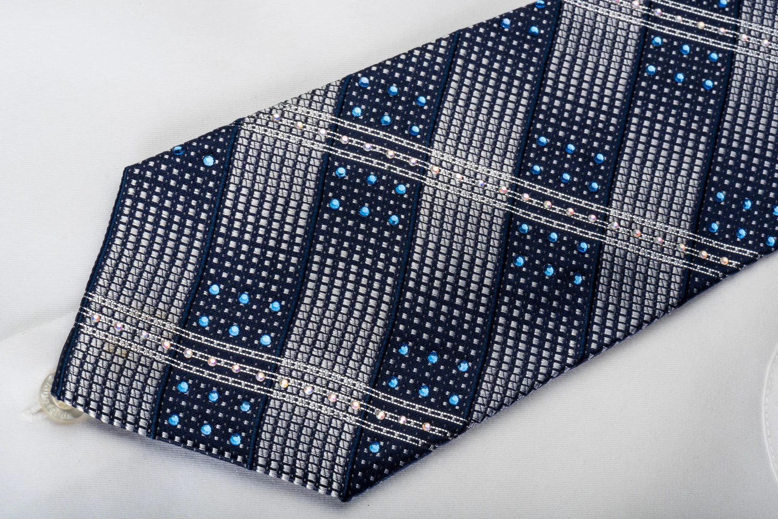 Franco Ferraro Rhinestone Silk Necktie Silver Striped On Blue With Silver Sparkles - Image 6