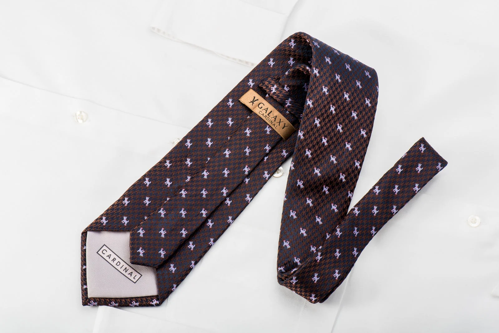 Galaxy Men's Woven Silk Necktie Dogs On Brown Navy Hounds Tooth - Image 3