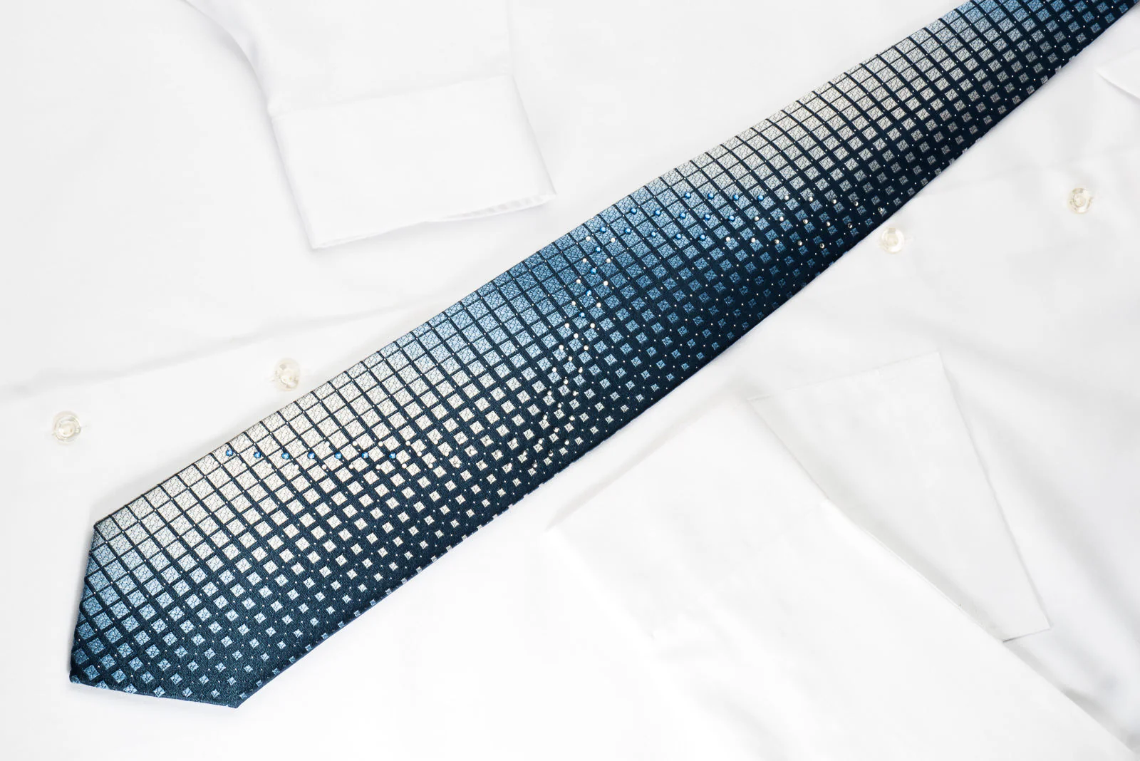 Galaxy Silk Rhinestone Necktie Geometric On Blue With Silver Sparkles - Image 2